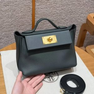 Hermes Kelly Mini 2424 24/24 Bag 21CM Handmade In Evercolor and Swift Calfskin Leather Gold Hardware Q0 Vert Mangrove