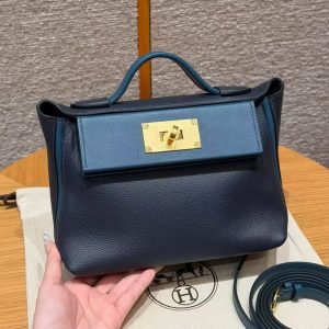 Hermes Kelly Mini 2424 24/24 Bag 21CM Handmade In Evercolor and Swift Calfskin Leather Gold Hardware 2Z Blue Nuit 7U Blue Navy