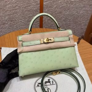 Hermes Kelly Mini 2 19 CM Bag Handmade In KK Ostrich Leather from South Africa Rose Gold Hardware 3i Vert Criquet