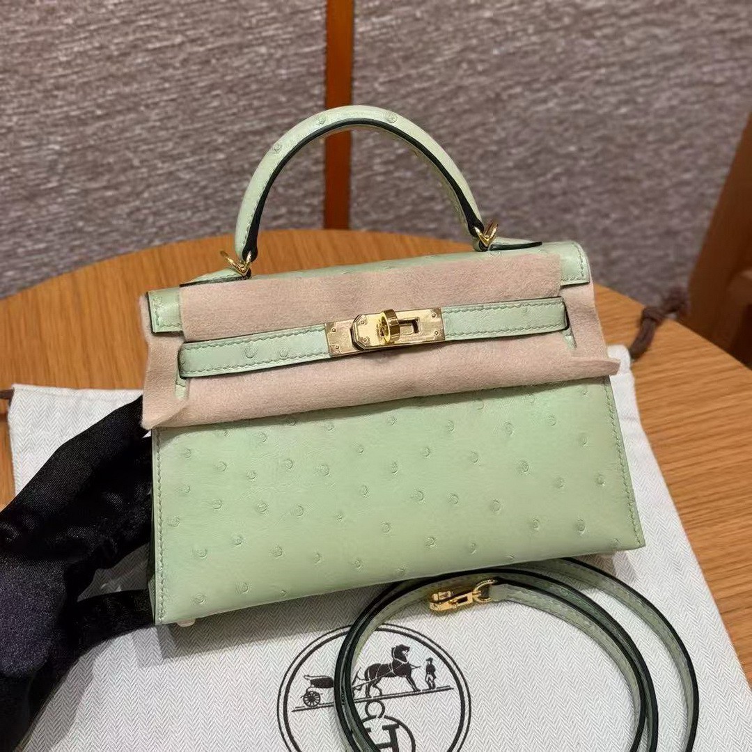 Hermes Kelly Mini 2 19 CM Bag Handmade In KK Ostrich Leather from South Africa Rose Gold Hardware 3i Vert Criquet