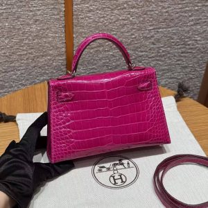 Hermes Kelly Mini 2 19CM Bag Handmade In Bright faced Alligator Leather Silver Diamond Hardware J5 Rose Scheherazade - Image 2