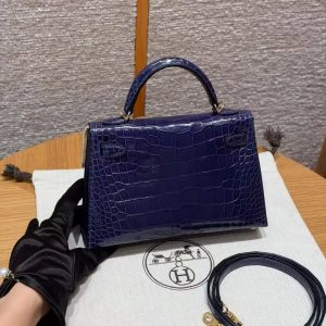 Hermes Kelly Mini 2 19CM Bag Handmade In Bright Faced Alligator Leather from Mississippi Gold Hardware M3 Blue Encer - Image 2