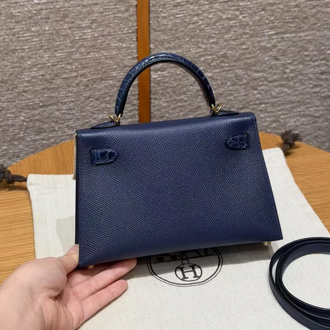Hermes Kelly Mini 2 19CM Bag Handmade In Epsom Calfskin Leather and Bright Faced American Alligator Gold Hardware 73 Blue Saphir - Image 2