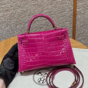 Hermes Kelly Mini 2 19CM Bag Handmade In Bright Faced Alligator Leather from Mississippi Gold Hardware J5 Rose Scheherazade - Image 2
