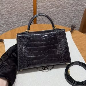 Hermes Kelly Mini 2 19CM Bag Handmade In Bright Faced Alligator Imported Leather from Mississippi Gold Hardware 88 Graphite - Image 2