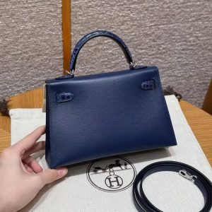 Hermes Kelly Mini 2 19CM Bag Handmade In Madame and Alligator Imported Leather from Mississippi Silver Hardware 73 Blue Saphir - Image 2