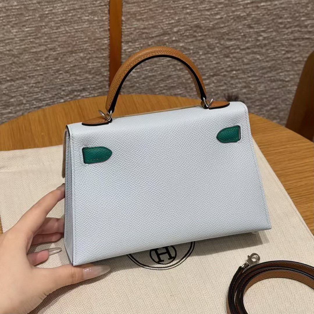 Hermes Kelly Mini 2 19CM Bag Handmade In Epsom Calfskin Leather Silver Hardware T0 Blue Brume 37 Gold O6 Vert Jade - Image 2