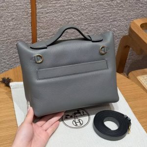 Hermes Kelly Mini 2424 24/24 Bag 21CM Handmade In Evercolor and Swift Calfskin Leather Gold Hardware 0L Gris Meyer - Image 2