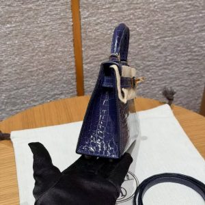 Hermes Kelly Mini 2 19CM Bag Handmade In Bright Faced Alligator Leather from Mississippi Gold Hardware M3 Blue Encer - Image 19