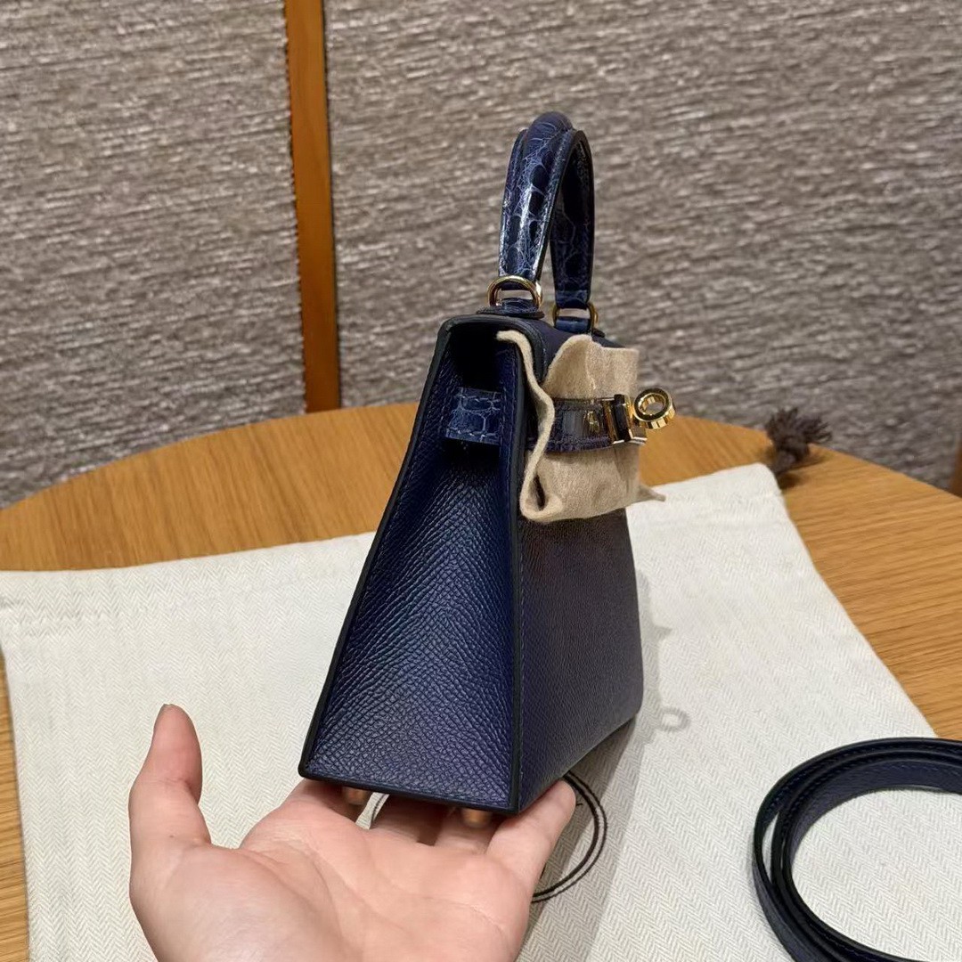 Hermes Kelly Mini 2 19CM Bag Handmade In Epsom Calfskin Leather and Bright Faced American Alligator Gold Hardware 73 Blue Saphir - Image 18