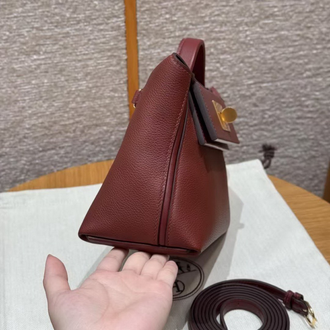 Hermes Kelly Mini 2424 24/24 Bag 21CM Handmade In Evercolor and Swift Calfskin Leather Gold Hardware 55 Rouge H - Image 17