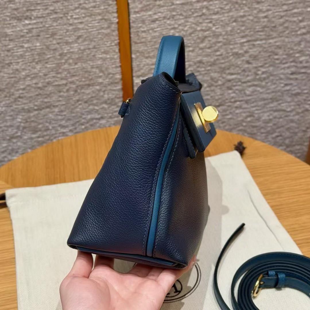 Hermes Kelly Mini 2424 24/24 Bag 21CM Handmade In Evercolor and Swift Calfskin Leather Gold Hardware 2Z Blue Nuit 7U Blue Navy - Image 19