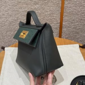 Hermes Kelly Mini 2424 24/24 Bag 21CM Handmade In Swift Calfskin Leather KK Ostrich Gold Hardware Vo Vert Rousseau - Image 20