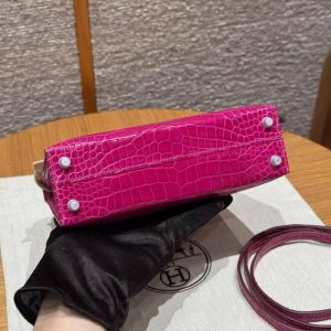 Hermes Kelly Mini 2 19CM Bag Handmade In Bright faced Alligator Leather Silver Diamond Hardware J5 Rose Scheherazade - Image 18