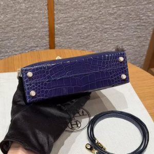 Hermes Kelly Mini 2 19CM Bag Handmade In Bright Faced Alligator Leather from Mississippi Gold Hardware M3 Blue Encer - Image 18