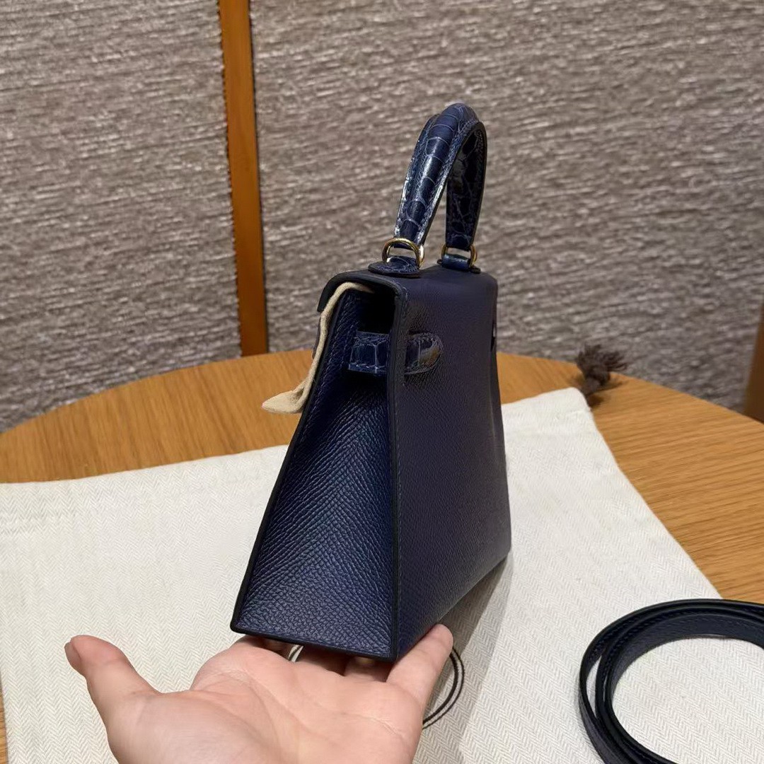 Hermes Kelly Mini 2 19CM Bag Handmade In Epsom Calfskin Leather and Bright Faced American Alligator Gold Hardware 73 Blue Saphir - Image 17
