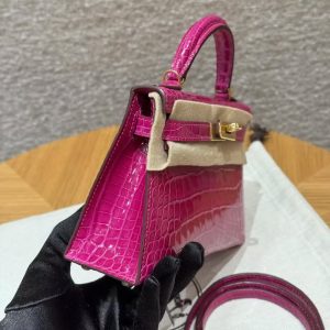 Hermes Kelly Mini 2 19CM Bag Handmade In Bright Faced Alligator Leather from Mississippi Gold Hardware J5 Rose Scheherazade - Image 20