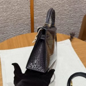 Hermes Kelly Mini 2 19CM Bag Handmade In Bright Faced Alligator Imported Leather from Mississippi Gold Hardware 88 Graphite - Image 17