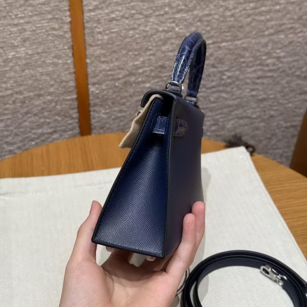 Hermes Kelly Mini 2 19CM Bag Handmade In Madame and Alligator Imported Leather from Mississippi Silver Hardware 73 Blue Saphir - Image 21