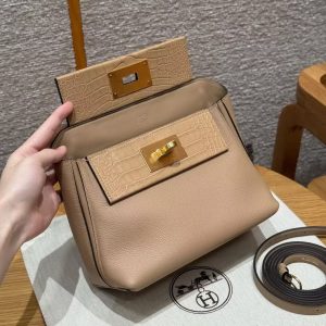Hermes Kelly 2424 24/24 Bag 21CM Handmade In Evercolor Calfskin Leather And Aillgator Gold Hardware 0M Chai - Image 13