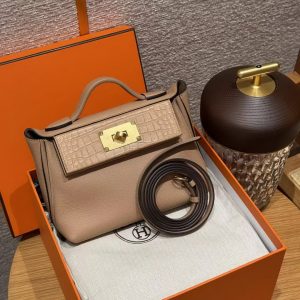 Hermes Kelly 2424 24/24 Bag 21CM Handmade In Evercolor Calfskin Leather And Aillgator Gold Hardware 0M Chai - Image 3