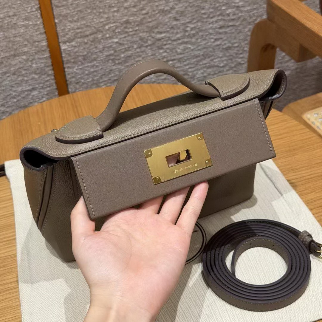 Hermes Kelly 2424 24/24 Bag 21CM Handmade In Evercolor and Swift Calfskin Leather Gold Hardware 18 Etoupe - Image 7