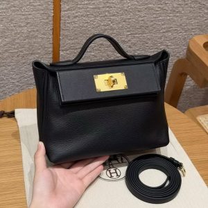 Hermes Kelly 2424 24/24 Bag 21CM Handmade In Evercolor and Swift Calfskin Leather Gold Hardware 89 Noir