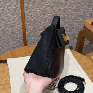 Hermes Kelly 2424 24/24 Bag 21CM Handmade In Evercolor and Swift Calfskin Leather Gold Hardware 89 Noir - Image 19