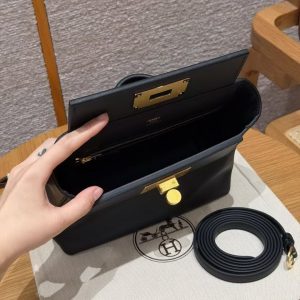 Hermes Kelly 2424 24/24 Bag 21CM Handmade In Evercolor and Swift Calfskin Leather Gold Hardware 89 Noir - Image 16