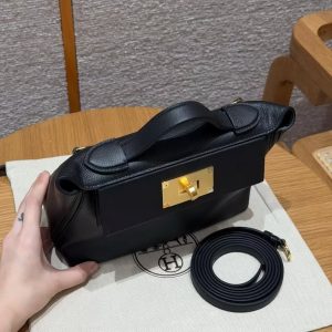 Hermes Kelly 2424 24/24 Bag 21CM Handmade In Evercolor and Swift Calfskin Leather Gold Hardware 89 Noir - Image 10