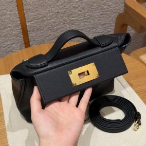 Hermes Kelly 2424 24/24 Bag 21CM Handmade In Evercolor and Swift Calfskin Leather Gold Hardware 89 Noir - Image 6