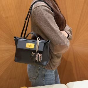 Hermes Kelly 2424 24/24 Bag 21CM Handmade In Evercolor and Swift Calfskin Leather Gold Hardware 89 Noir - Image 5