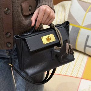 Hermes Kelly 2424 24/24 Bag 21CM Handmade In Evercolor and Swift Calfskin Leather Gold Hardware 89 Noir - Image 3