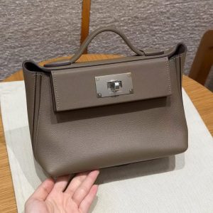 Hermes Kelly 2424 24/24 Bag 21CM Handmade In Evercolor and Swift Calfskin Leather Silver Hardware 18 Etoupe