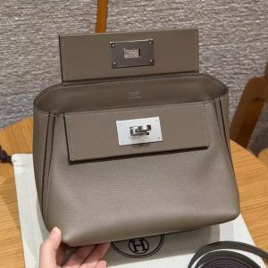 Hermes Kelly 2424 24/24 Bag 21CM Handmade In Evercolor and Swift Calfskin Leather Silver Hardware 18 Etoupe - Image 13