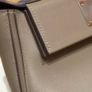 Hermes Kelly 2424 24/24 Bag 21CM Handmade In Evercolor and Swift Calfskin Leather Silver Hardware 18 Etoupe - Image 9