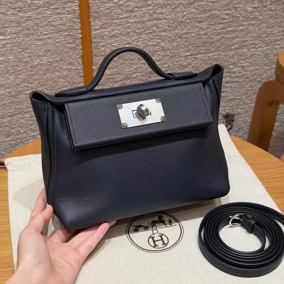 Hermes Kelly 2424 24/24 Bag 21CM Handmade In Evercolor and Swift Calfskin Leather Silver Hardware 3Y Caban