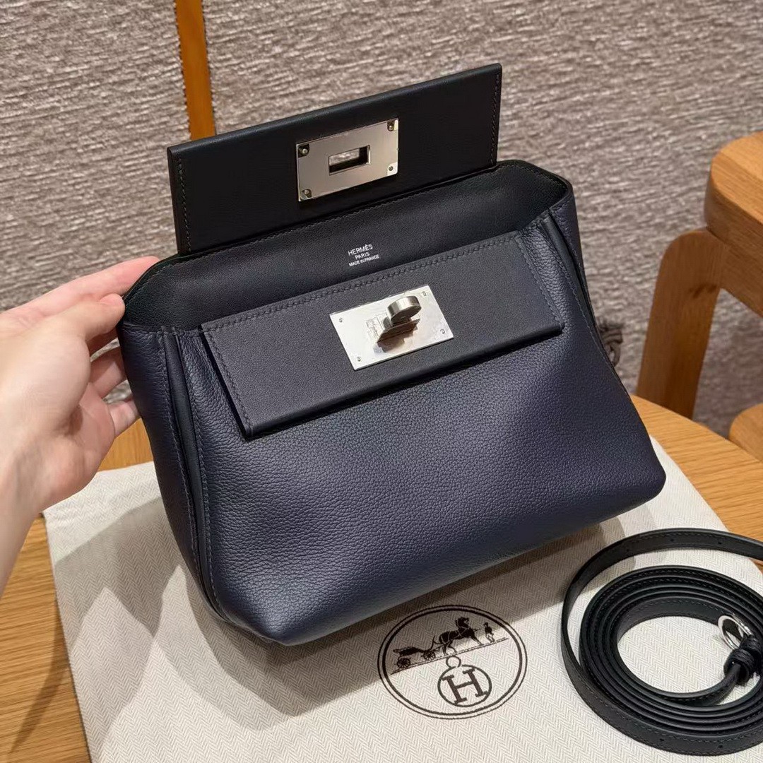 Hermes Kelly 2424 24/24 Bag 21CM Handmade In Evercolor and Swift Calfskin Leather Silver Hardware 3Y Caban - Image 18