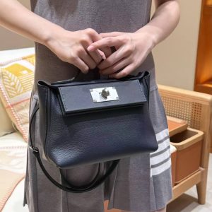 Hermes Kelly 2424 24/24 Bag 21CM Handmade In Evercolor and Swift Calfskin Leather Silver Hardware 3Y Caban - Image 3