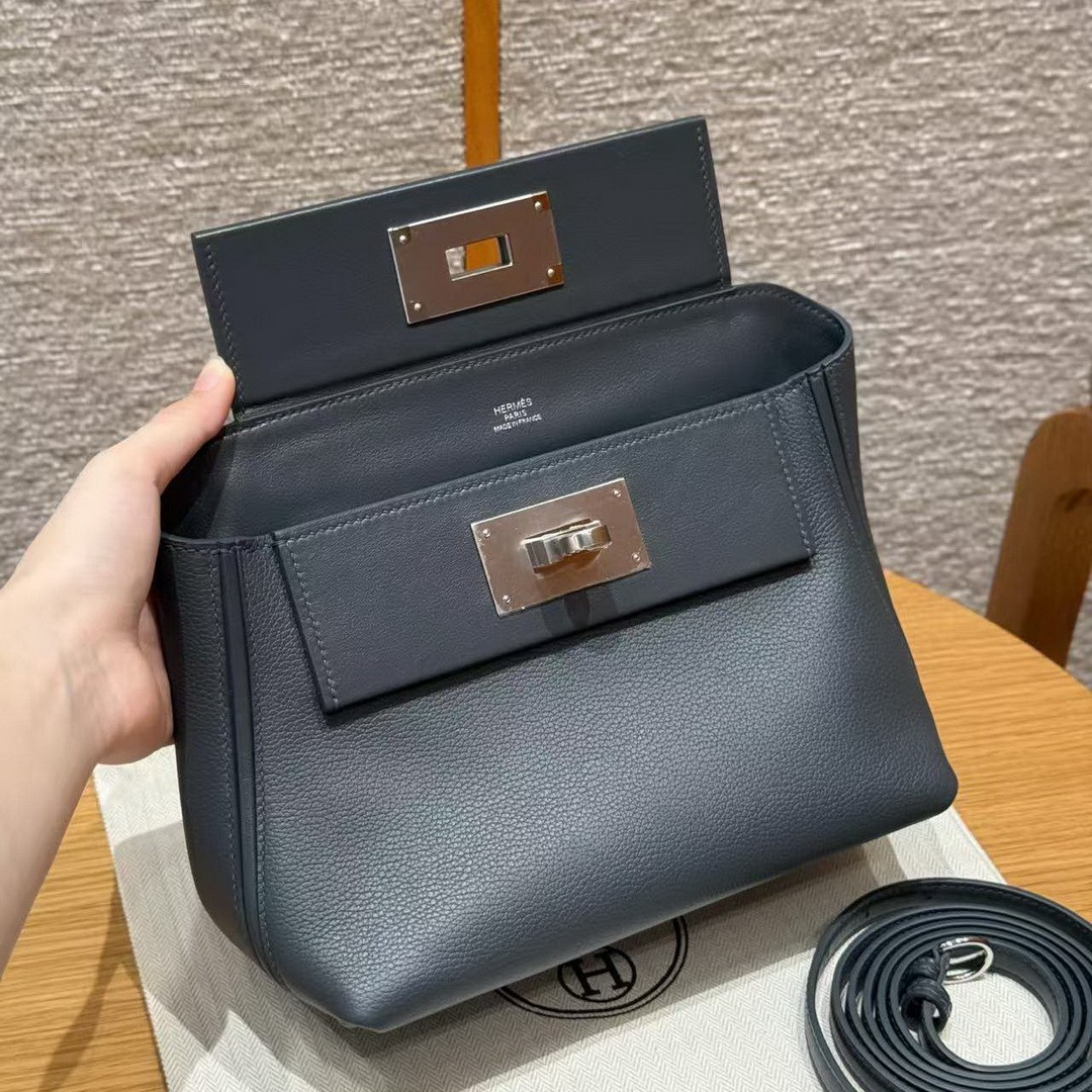 Hermes Kelly 2424 24/24 Bag 21CM Handmade In Evercolor and Swift Calfskin Leather Silver Hardware 85 Ardoise - Image 15