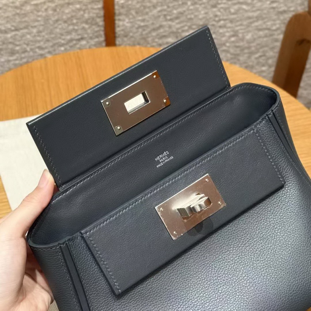 Hermes Kelly 2424 24/24 Bag 21CM Handmade In Evercolor and Swift Calfskin Leather Silver Hardware 85 Ardoise - Image 14