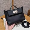 Hermes Kelly 2424 24/24 Bag 21CM Handmade In Evercolor and Swift Calfskin Leather Silver Hardware 89 Noir