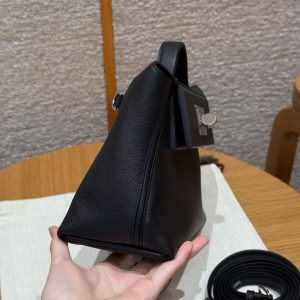 Hermes Kelly 2424 24/24 Bag 21CM Handmade In Evercolor and Swift Calfskin Leather Silver Hardware 89 Noir - Image 2