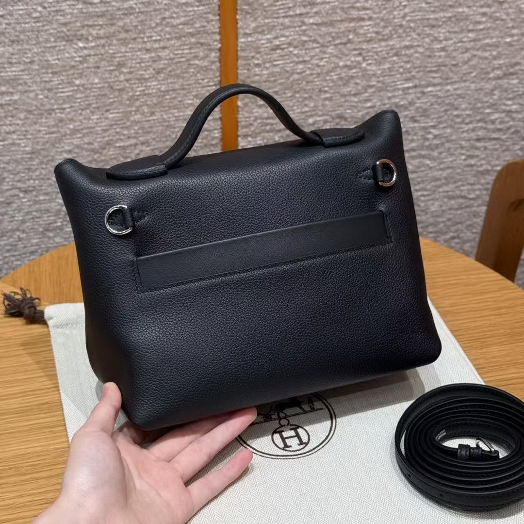 Hermes Kelly 2424 24/24 Bag 21CM Handmade In Evercolor and Swift Calfskin Leather Silver Hardware 89 Noir - Image 20