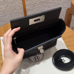 Hermes Kelly 2424 24/24 Bag 21CM Handmade In Evercolor and Swift Calfskin Leather Silver Hardware 89 Noir - Image 17