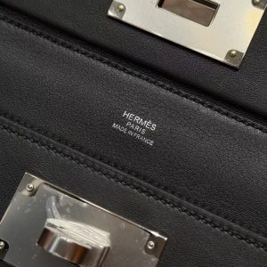 Hermes Kelly 2424 24/24 Bag 21CM Handmade In Evercolor and Swift Calfskin Leather Silver Hardware 89 Noir - Image 16