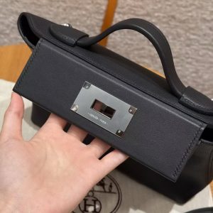 Hermes Kelly 2424 24/24 Bag 21CM Handmade In Evercolor and Swift Calfskin Leather Silver Hardware 89 Noir - Image 14