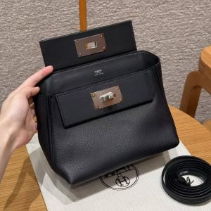 Hermes Kelly 2424 24/24 Bag 21CM Handmade In Evercolor and Swift Calfskin Leather Silver Hardware 89 Noir - Image 13