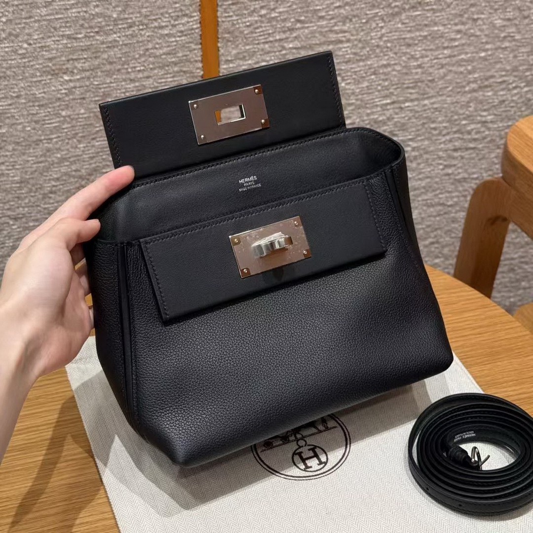 Hermes Kelly 2424 24/24 Bag 21CM Handmade In Evercolor and Swift Calfskin Leather Silver Hardware 89 Noir - Image 13