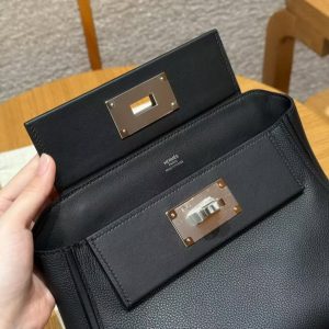Hermes Kelly 2424 24/24 Bag 21CM Handmade In Evercolor and Swift Calfskin Leather Silver Hardware 89 Noir - Image 12